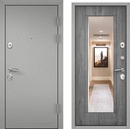 Дверь триумф асфальт утепленная уличная с зеркалом серебро в загородный дом порошок — шпон