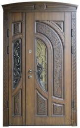 Двухстворчатая стальная дверь с остеклением и ковкой с верхней вставкой ДВ-608