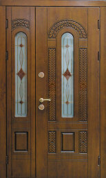 Двустворчатая стальная дверь с окошком и витражом элитная усиленная ДВ-735